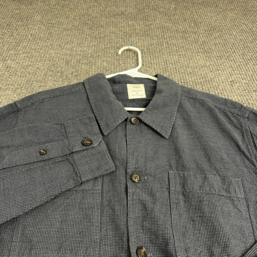 M&S Button Up Shirt Mens 2XL Blue Linen Cotton Micro Check Workwear Casual